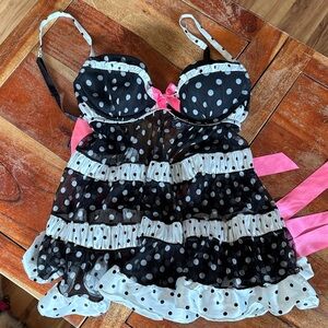 Victoria’s Secret Polka Dot Babydoll Lingerie with Pink Ribbon Accents